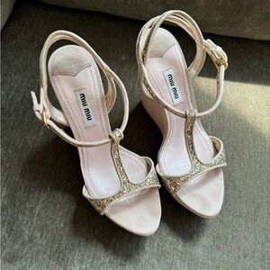 Miu Miu Beige and Sparkling Gold Wedges